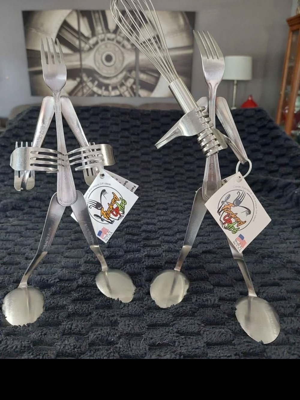 Handcrafted Silver Metal Fork & Spoon Sculptures - Decorative Kitchen Figurines